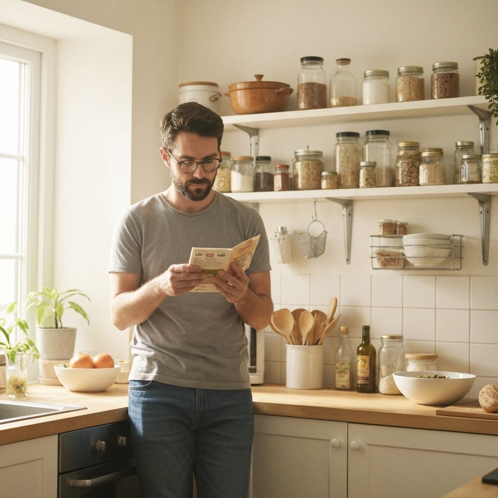 Ruhige Küchenszene beim Einkaufen und Lesen