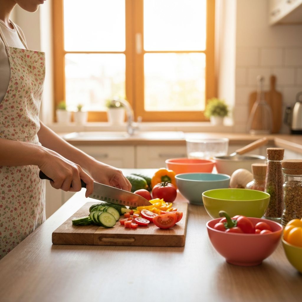 Приготвяне на салата в светла кухня